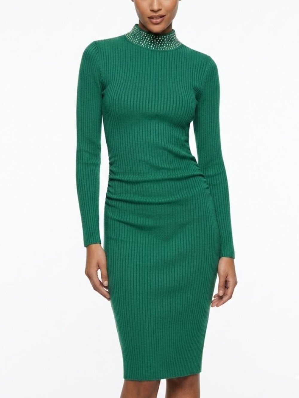 Emma & Posh Green Ribbed Rhinestone Mock Neck Midi Sweater Dress - Small